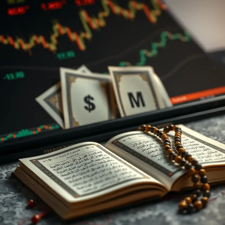 Currency exchange symbols with a Quran and prayer beads representing Shariah-compliant forex trading