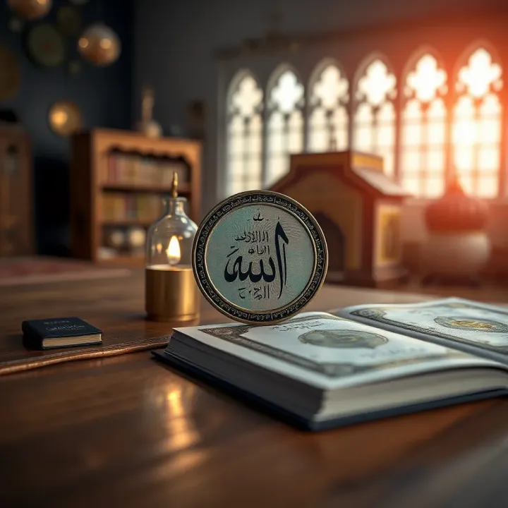 Islamic finance concepts symbolized by a currency exchange icon and a Quran on a wooden surface