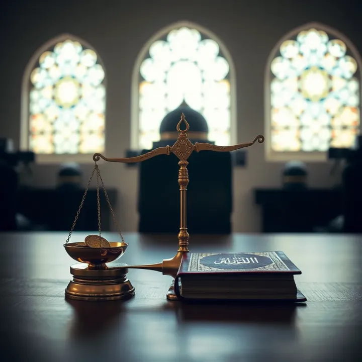 Concept of Islamic finance principles with scales balancing trading symbols and a Quran