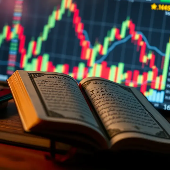 Open Quran with financial charts in background symbolizing Islamic guidance on trading