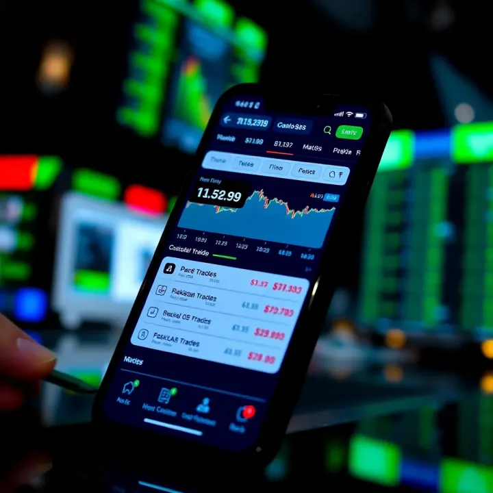 Mobile phone displaying a user-friendly interface of a Pakistan stock trading application showing market data and investment options
