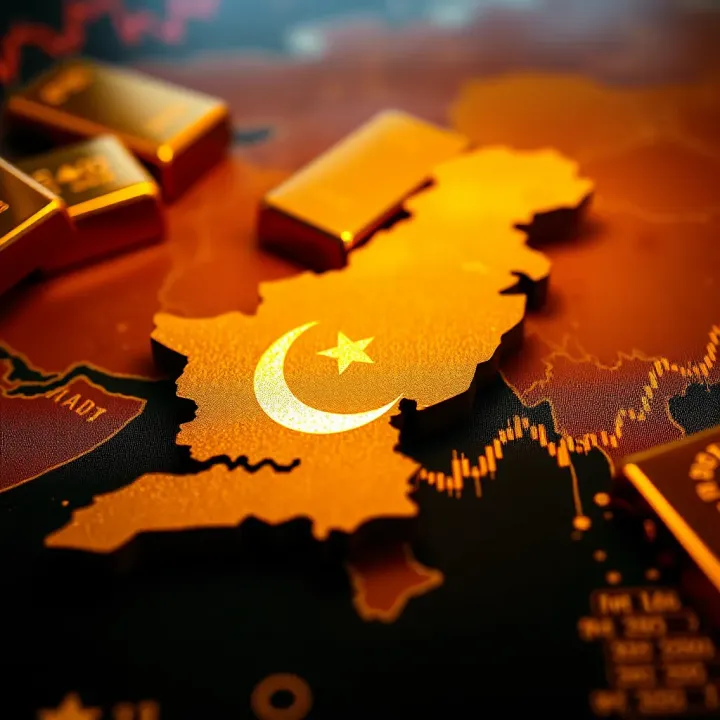 Map highlighting Pakistan with gold bars and financial charts overlay