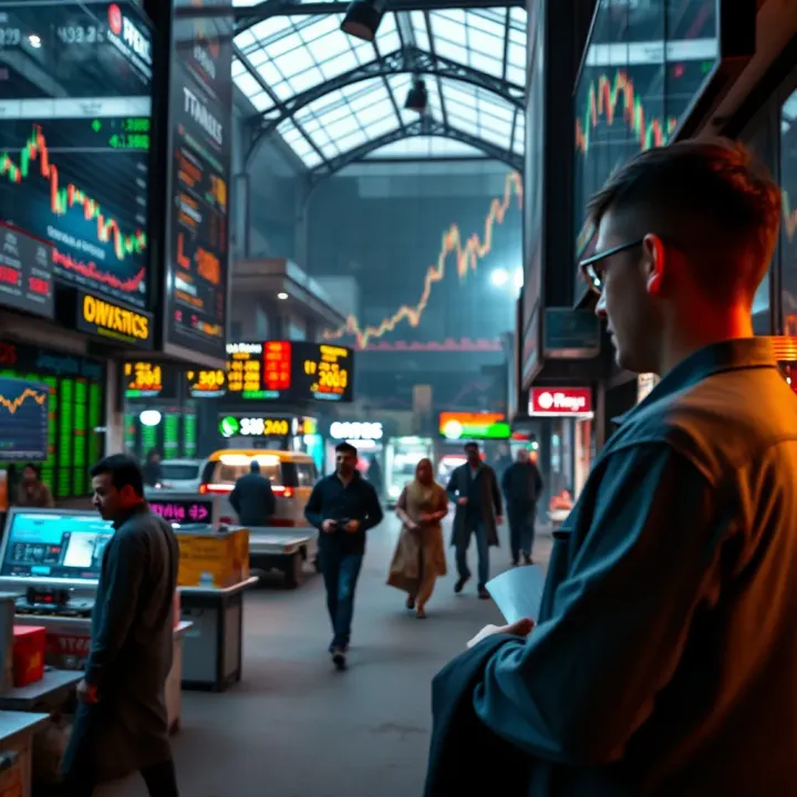 Pakistani market scene with financial charts and symbols indicating binary trading and Islamic guidance