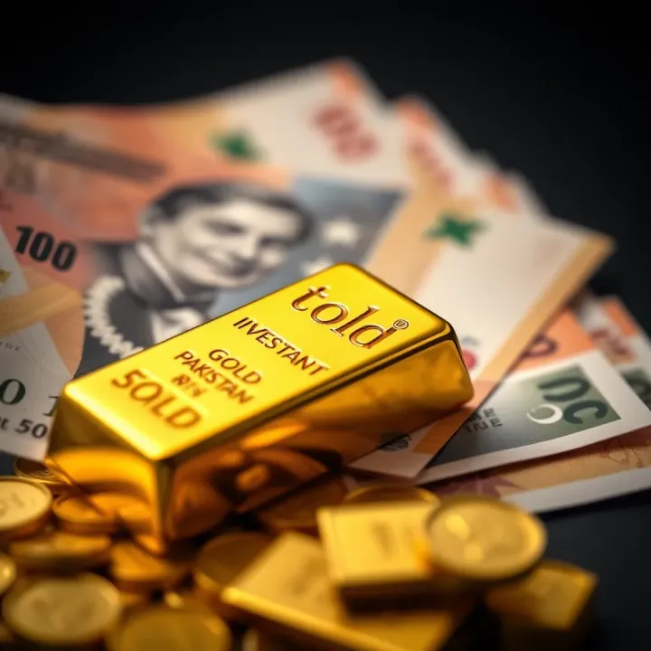 Close-up of gold bars and Pakistani currency notes showcasing investment and taxation aspects