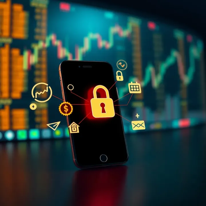 Safe and Reliable Trading Apps for Beginner Investors Illustration of a safe investment concept featuring a smartphone shielded by a secure lock symbol and financial growth icons