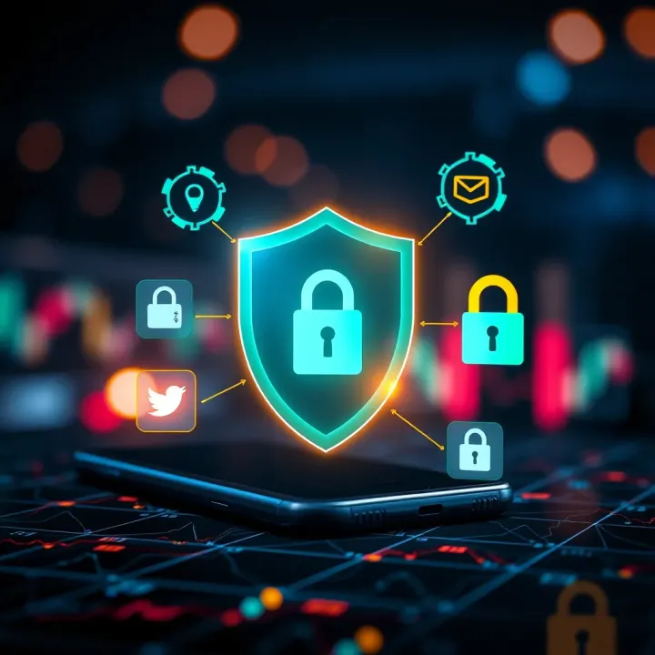 Graphic illustration of digital security features with shield and lock icons representing protection measures for trading apps in Pakistan