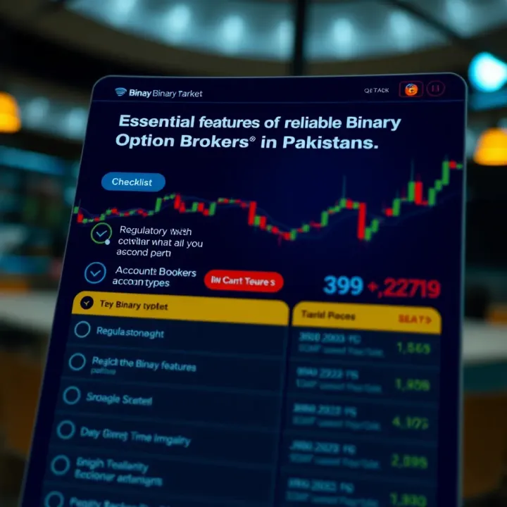 Checklist highlighting key features such as regulatory compliance and account types for binary brokers