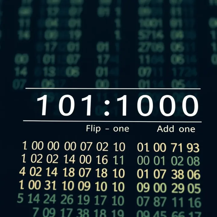 Diagram showing binary digits with two's complement conversion highlighting flip and add one operations
