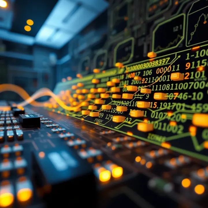 Conceptual illustration of digital circuits processing binary data to perform computation