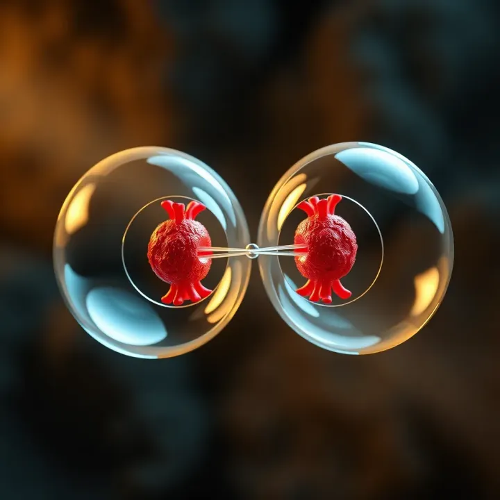 Diagram illustrating the division of a single cell into two identical cells through binary fission