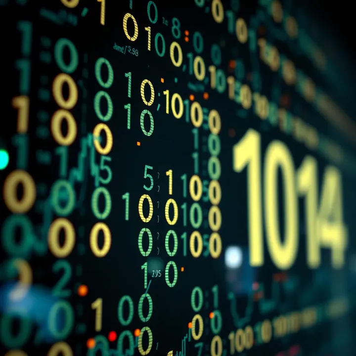 Graphic illustrating binary arithmetic operations with zeros and ones on a digital display