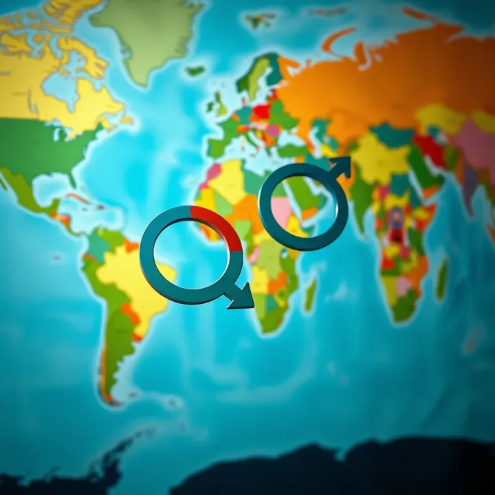 Illustration showing the traditional binary gender symbols intertwined against a world map background highlighting cultural diversity