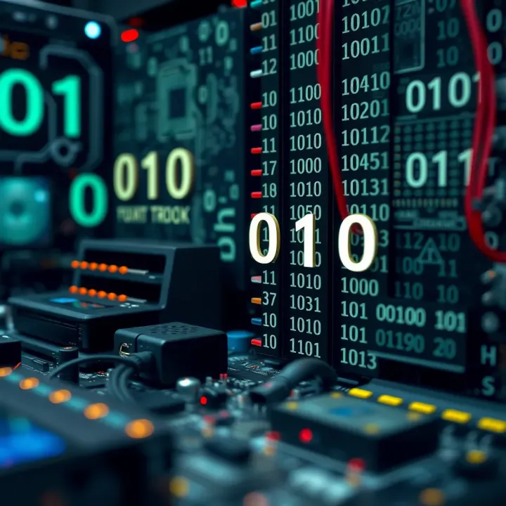 Graphic showing interaction between binary code and computer hardware and software components