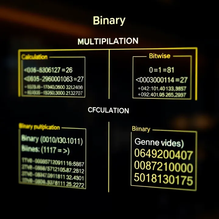 Diagram illustrating binary multiplication with examples of bitwise calculation