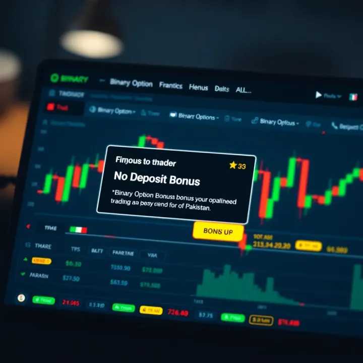 Digital interface showing binary option trading platform with bonus offer notification
