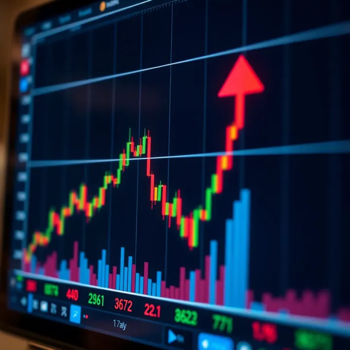 Graph depicting binary options trading trends with upward and downward arrows on a digital screen