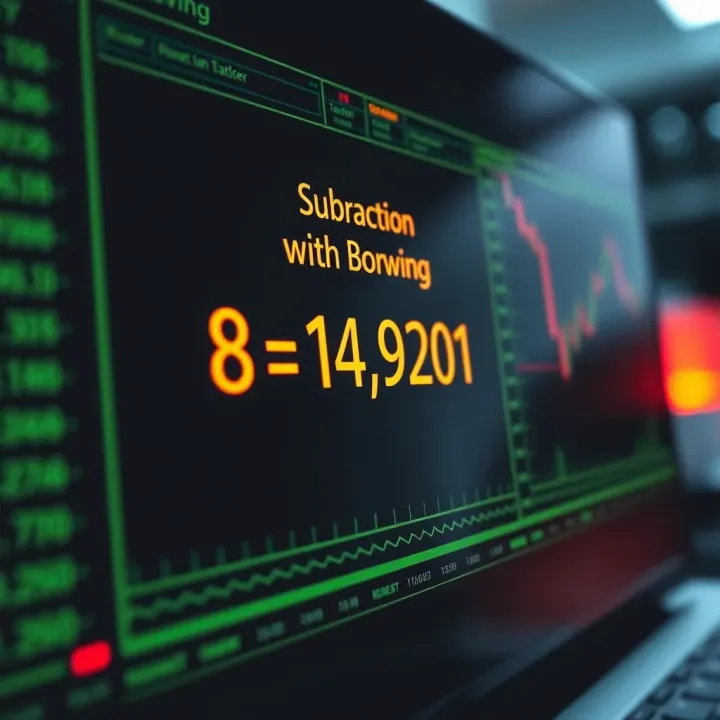 Diagram showing binary subtraction with borrowing concept on a digital interface