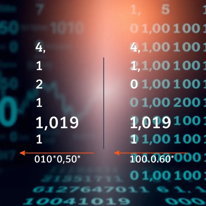 Binary to Decimal Conversion and Comparative Representation Visual comparison showing binary numbers alongside decimal equivalents and conversion arrows