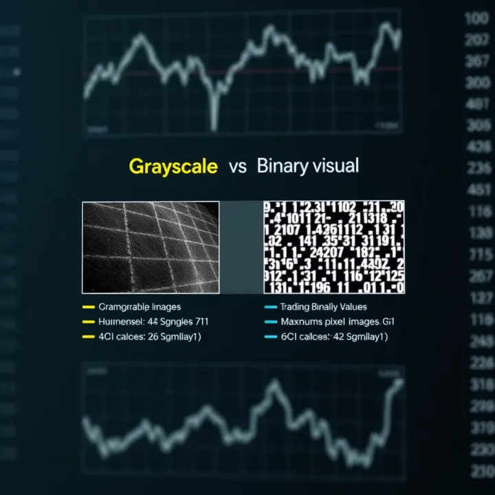 Comparison of Grayscale and Binary Visual Representations Diagram illustrating the difference between grayscale and binary visuals with highlighted pixel values