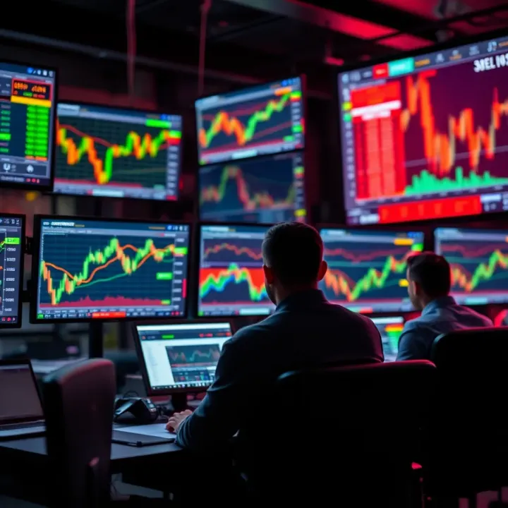 Group of traders analyzing forex charts on multiple screens in a collaborative setting