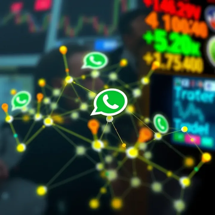 Network of Forex Traders Collaborating Through WhatsApp Groups A digital depiction of interconnected nodes symbolizing a network of Forex traders sharing information