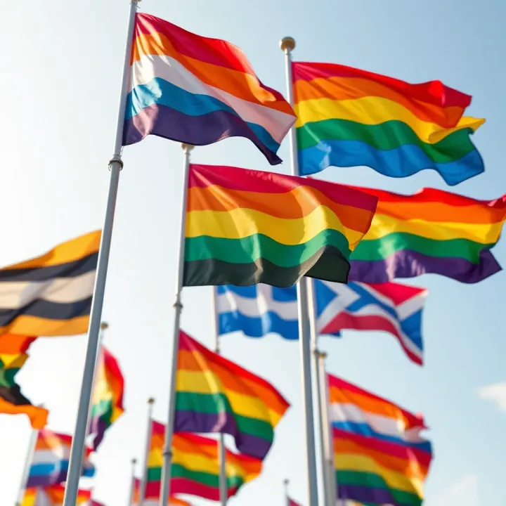 Colorful flags representing diverse gender identities flying against a clear sky