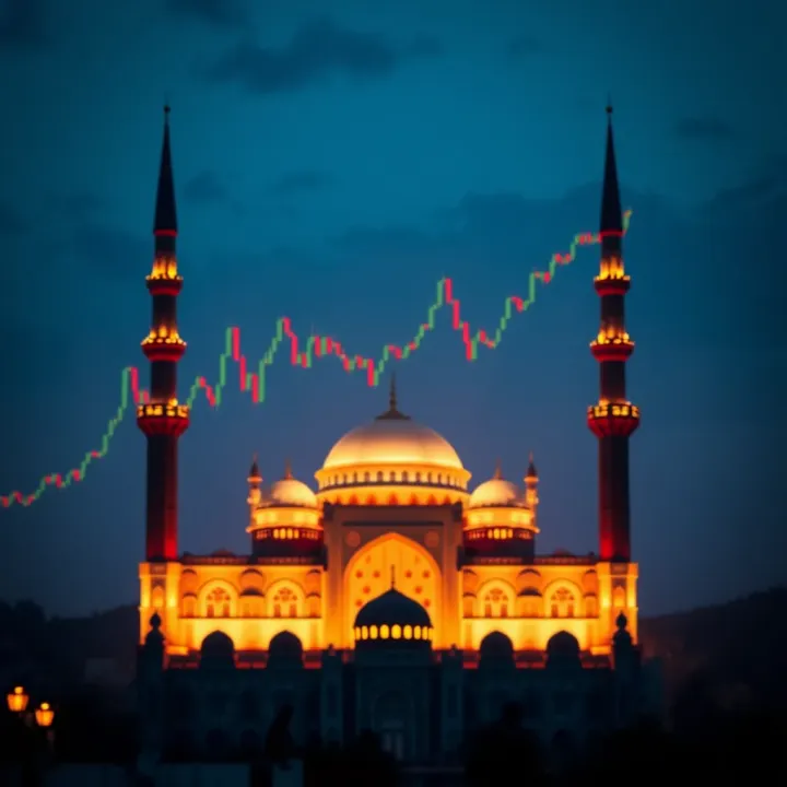 Conceptual illustration showing Islamic finance principles integrated with forex trading charts and a mosque silhouette
