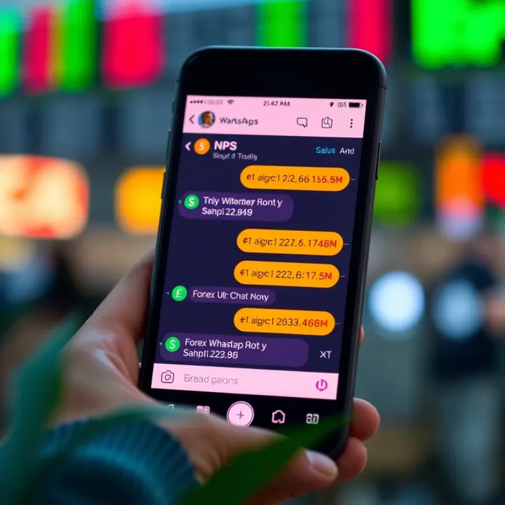 Overview of Forex Trading Communication on Messaging Platforms Illustration of a smartphone displaying a forex trading chat interface with various currency exchange symbols