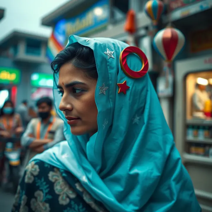 Conceptual art showing cultural elements intertwined with non-binary identity symbols relevant to Pakistan