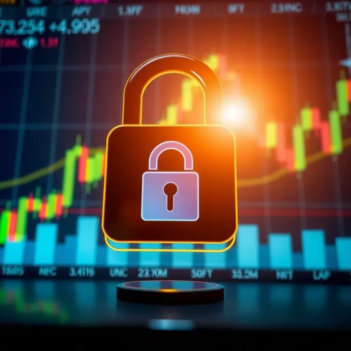 Secure digital padlock icon overlaid on a financial app screen symbolizing online trading security