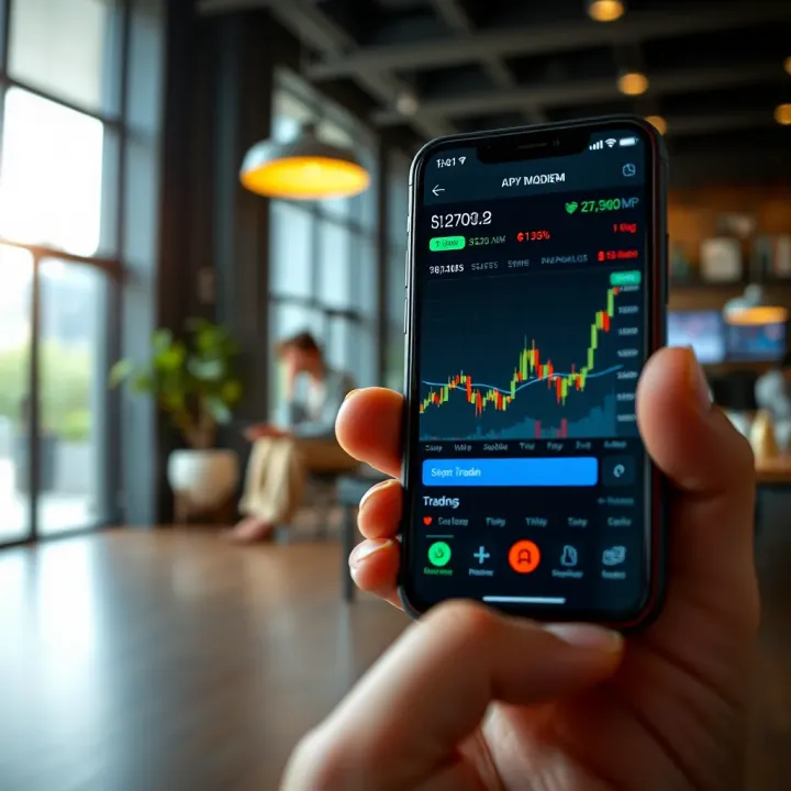 Smartphone displaying a trading app interface with stock charts and market data in a modern setting